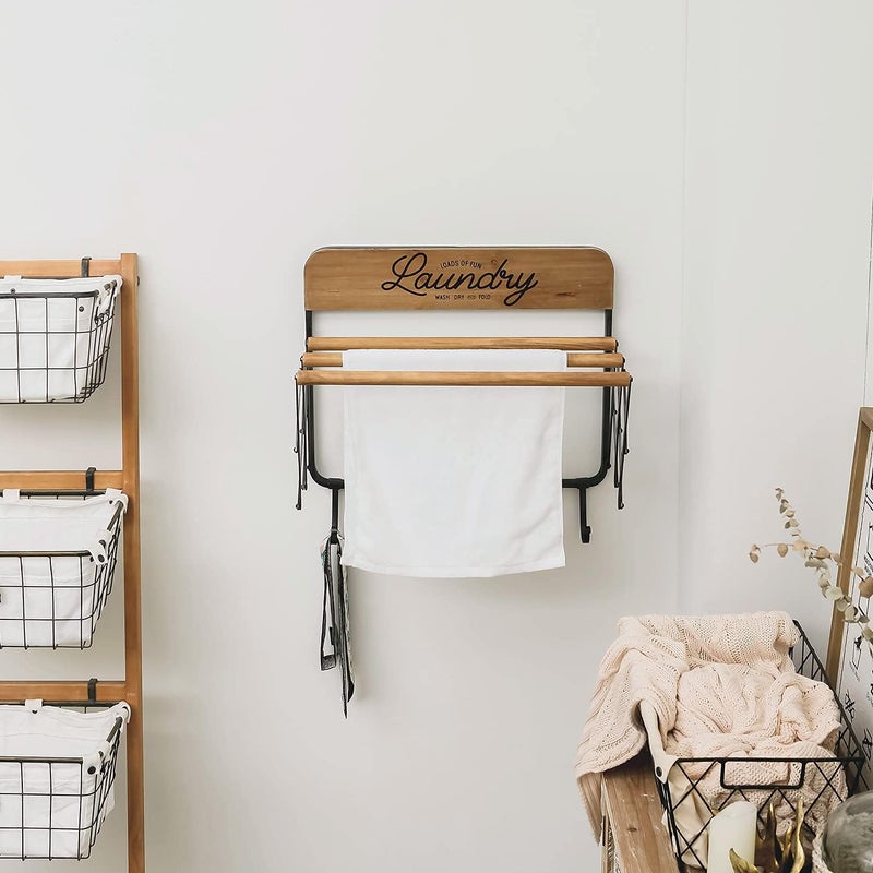 SOFFEE DESIGN Accordion Laundry Rack, Retractable Wall Mounted Racks, 3 Bars & 5 Hooks for Drying Rack Hanging Towels Clothes Save Space Perfect for Laundry Room, Bathroom, Mudroom, Wall Decor - Image 4